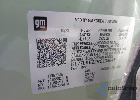 2024 Chevrolet Trax Fwd Activ из США, поврежденный, VIN KL77LKE22RC138045